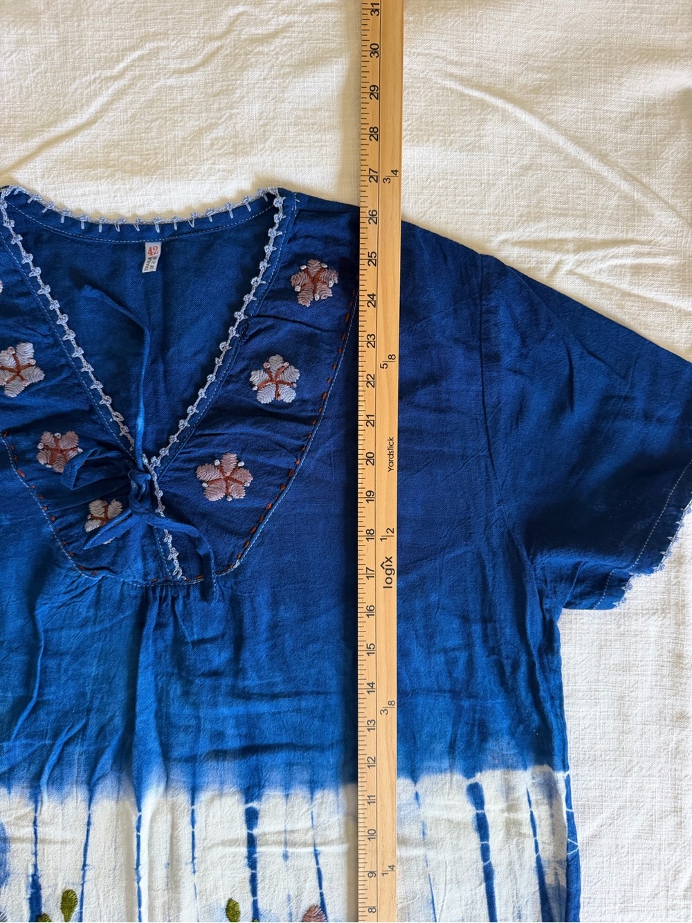 Indigo Tie-Dye Embroidered V-Neck Top - Picture 9 of 9